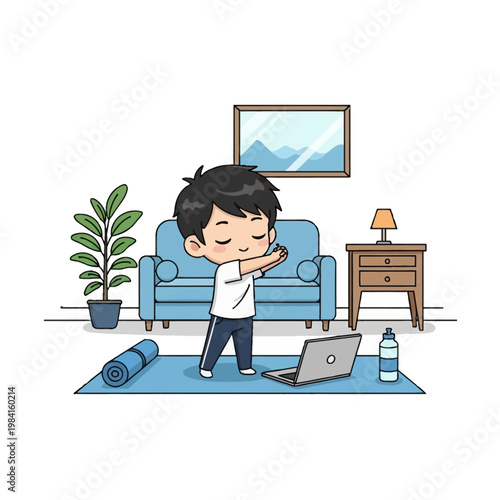 Vector illustration of a cute chibi boy stretching his arms while following an online workout on a laptop, standing on a yoga mat in a living room with sofa and plant.