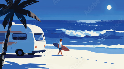 Illustration Of A Person Carrying A Surfboard Walking On White Sand Vector Design Template