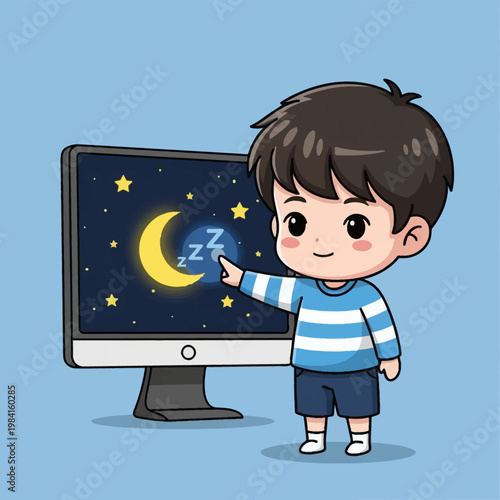 Chibi boy in a blue striped shirt and shorts pointing at a computer monitor screen showing a night sky with moon and stars to activate sleep mode, promoting healthy digital habits.