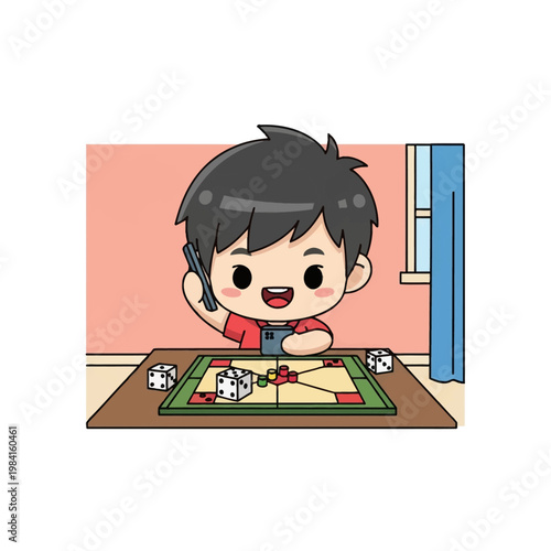 Chibi boy character playing a tabletop board game with white dice and colorful pieces while holding a mobile phone in an indoor room, flat vector illustration in cute anime style.