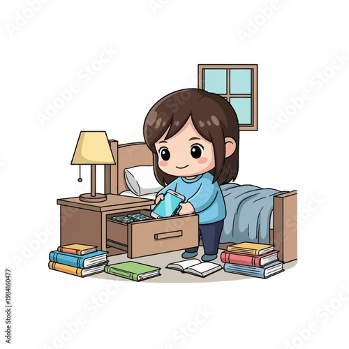 Chibi girl with brown hair putting a smartphone inside a wooden nightstand drawer in a bedroom setting with stacks of books on the floor, a lamp, and a bed.