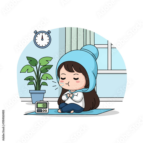 Vector illustration of a cute chibi girl with brown hair wearing a blue hoodie, practicing deep breathing or meditation while sitting on a mat with a digital timer, clock, and plant.