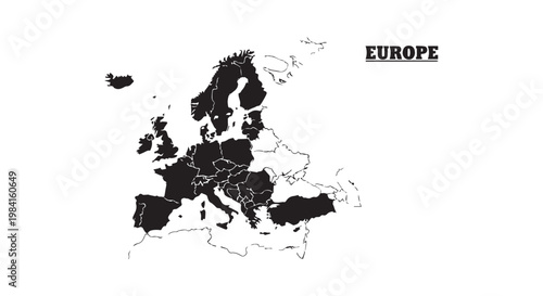 Stylized black and white vector map of europe, highlighting country outlines with bold typography for geographical themes.
