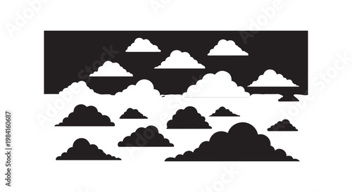 Abstract sky scene with scattered clouds, creating a dynamic weather background in stark black and white contrast.