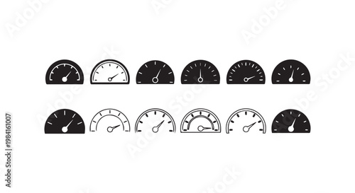 Speedometer icons collection set vector illustration featuring various dashboard gauges for automotive speed measurement art.