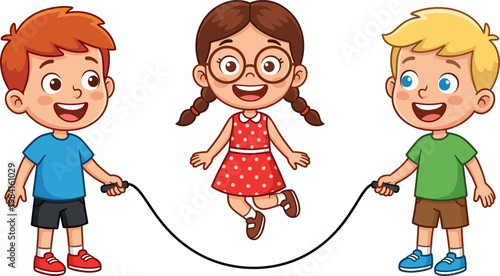 Cartoon Kids Playing Jump Rope for Outdoor Fun, Exercise, and Childhood Activities Themes