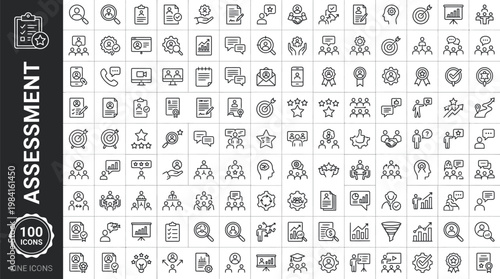 A collection of 100 assessment icons in line style, featuring various symbols for evaluation and rating. AI, eps, png, jpg. transparent background.