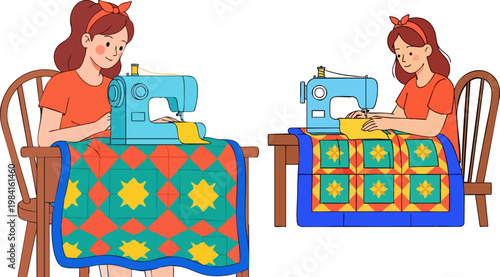 Flat vector illustration of a woman sewing a colorful quilt, young seamstress using a blue sewing machine, creative hobby and handmade textile craft