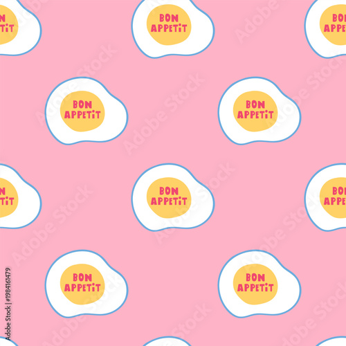 Fried Egg with Bon Appetit Text Inside Seamless Pattern on Pink Background. Flat Cute Breakfast Repeat Design