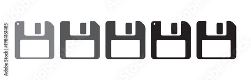 Row of five floppy disk icons with varying shades of gray to black.