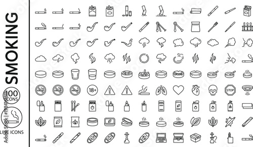 A collection of line icons depicting various smoking related objects and symbols. AI, eps, png, jpg. transparent background.