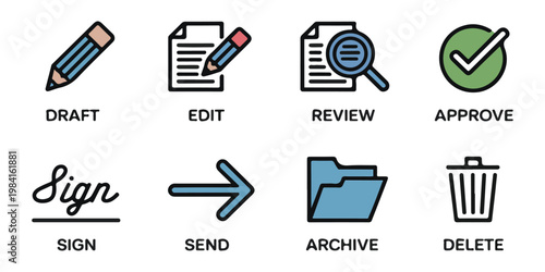 Vector icons illustrating workflow stages from draft to delete, including review, approval, and sending.