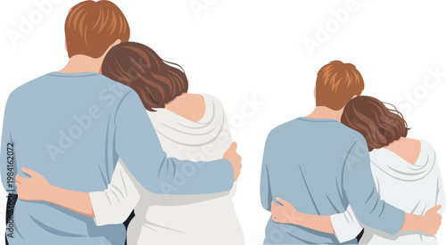 Minimalist vector illustration of a couple hugging from behind, romantic pair embracing in soft blue and white clothing, back view of man and woman