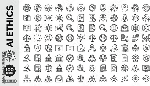 A collection of line icons related to AI ethics and technology AI, eps, png, jpg. transparent background.
