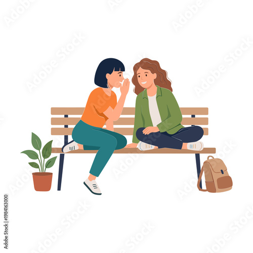 Two women sitting on a park bench chatting and smiling