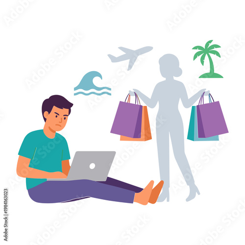 Man sitting on ground uses laptop while woman holds shopping bags near travel symbols