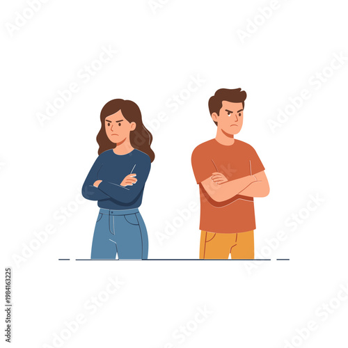 A man and woman stand facing each other with arms crossed showing disagreement in a neutral interior setting from a side viewpoint.