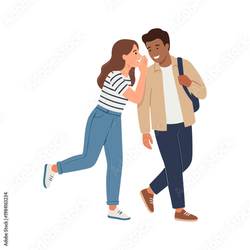 Woman playfully whispers to man with backpack walking together outside