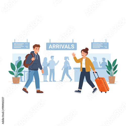 People walk through airport arrivals with luggage and backpacks