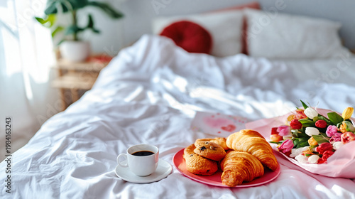 Breakfast in bed with croissants, coffee, and a flower bouquet on white bedding in a cozy sunlit bedroom.