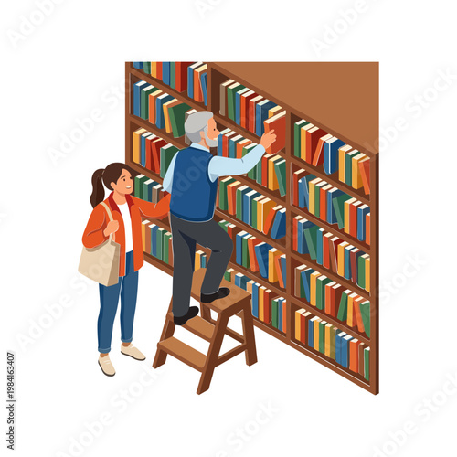 Elderly man and woman browsing books on library shelves together