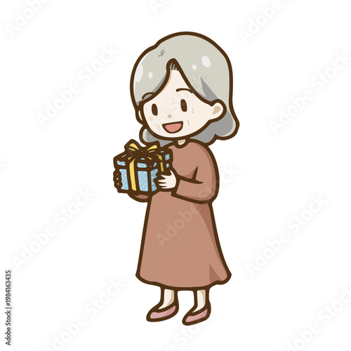Happy Senior Woman Holding a Gift Box, Chibi Style Anime Vector (プレゼントをもらう笑顔のシニア女性のベクターイラスト)