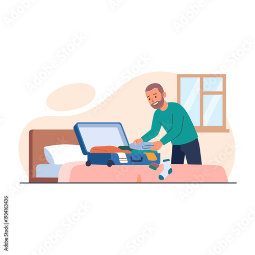 Man packing clothes into suitcase on bed in bedroom indoors