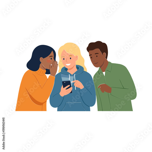 Three friends looking at a smartphone together in casual clothes