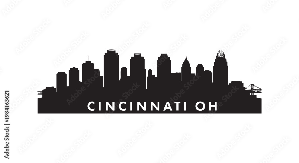 Fototapeta premium Cincinnati skyline silhouette ohio city landscape buildings landmark urban architecture panoramic view text design graphics.