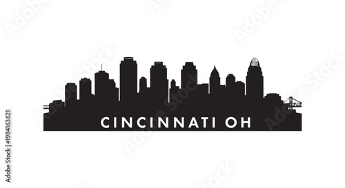 Cincinnati skyline silhouette ohio city landscape buildings landmark urban architecture panoramic view text design graphics.