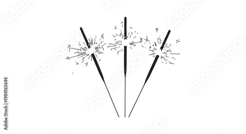 Three sparklers with bright sparks against black background, isolated on white. concept of celebration and holidays.