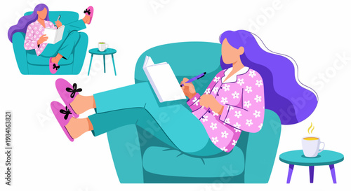 Flat vector illustration of a woman writing in a journal while relaxing in an armchair, young girl in pink pajamas journaling at home, cozy lifestyle concept