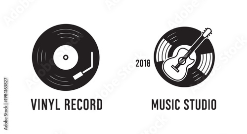 Vintage vinyl record disc with guitar for music studio logo design and musical equipment entertainment industry concept art.