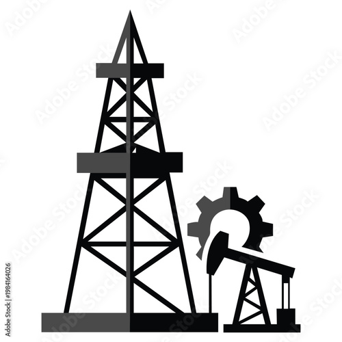 Energy Extraction: An abstract representation of a towering oil derrick and a mechanical pump, symbols of industry and the vital extraction of energy resources. 