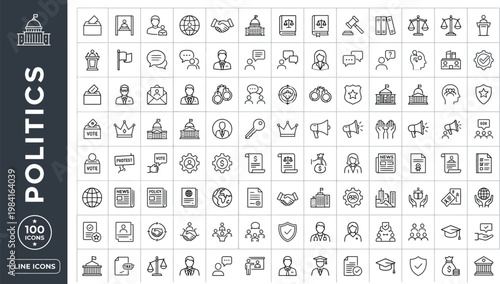 A collection of line icons related to politics and government on a white background. AI, eps, png, jpg. transparent background.