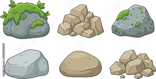 Cartoon Rocks and Stones Vector Set with Moss, Pebbles, and Large Boulders for Nature, Landscape, and Outdoor Themes