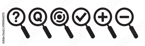 Magnifying glass icons showing question mark, graph, target, checkmark, zoom in and zoom out symbols.