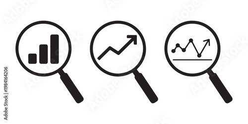 Magnifying glass icons with bar chart, upward trending graph and fluctuating data line charts.