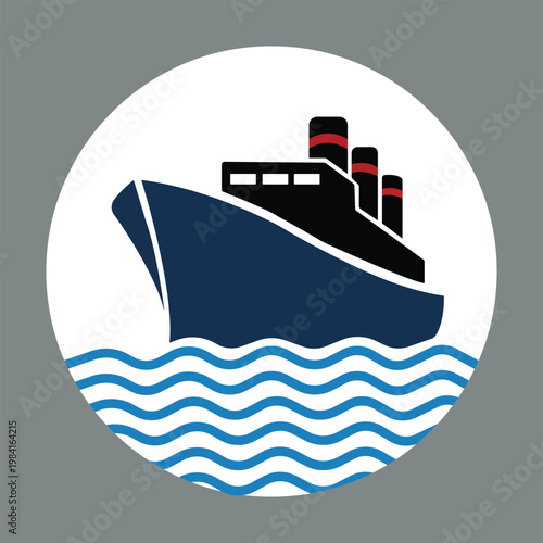 Maritime Voyage: A sleek, stylized illustration of a cruise ship gracefully navigating the ocean waves within a circular frame, conveying a sense of maritime travel and exploration.