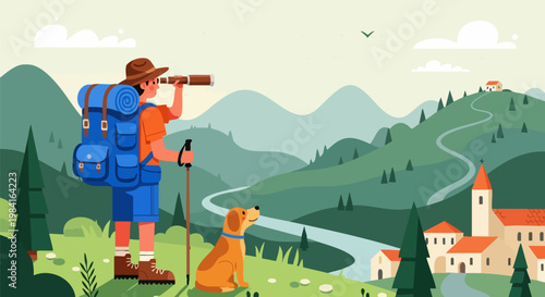 Hiking man with dog looking through binoculars at mountain landscape, traveler with backpack on trekking adventure, scenic nature vector illustration
