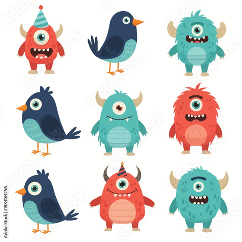 Collection of cartoon illustrations featuring six one-eyed monsters in red and turquoise colors with horns and three blue birds isolated on white background in a grid layout.