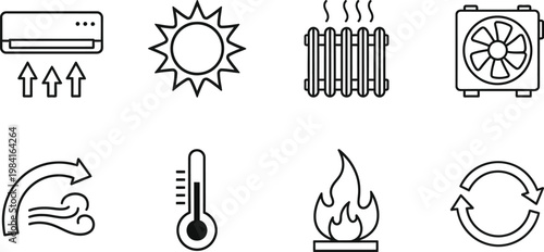 Air conditioning heating climate control outline icon set shape