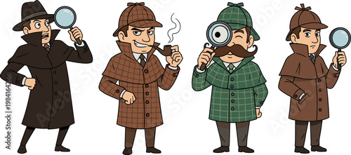 Detective characters set with magnifying glass pipe and classic coats in different poses isolated cartoon vector illustration
