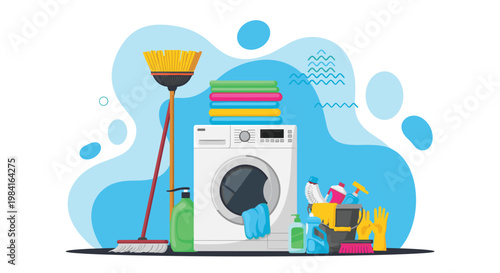 Modern laundry room set with a washing machine surrounded by various cleaning supplies and household tools.