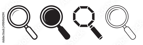 Magnifying glass icons, outline and solid, with octagon shape and transparent background.