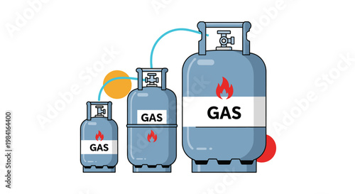 Three blue propane gas tanks of various sizes connected by blue hose against white background with orange and red circles.
