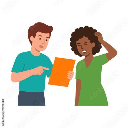 Two people discussing a document with concern and confusion