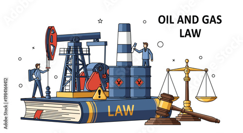 Comprehensive concept of oil and gas law featuring an industrial pumpjack, barrels, and legal symbols like scales and a gavel.