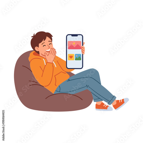 A person sitting on a bean bag chair happily looks at a smartphone.