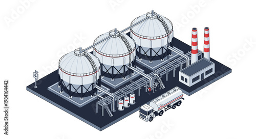 Isometric illustration of industrial chemical plant with large spherical storage tanks, pipelines, and delivery tanker truck.